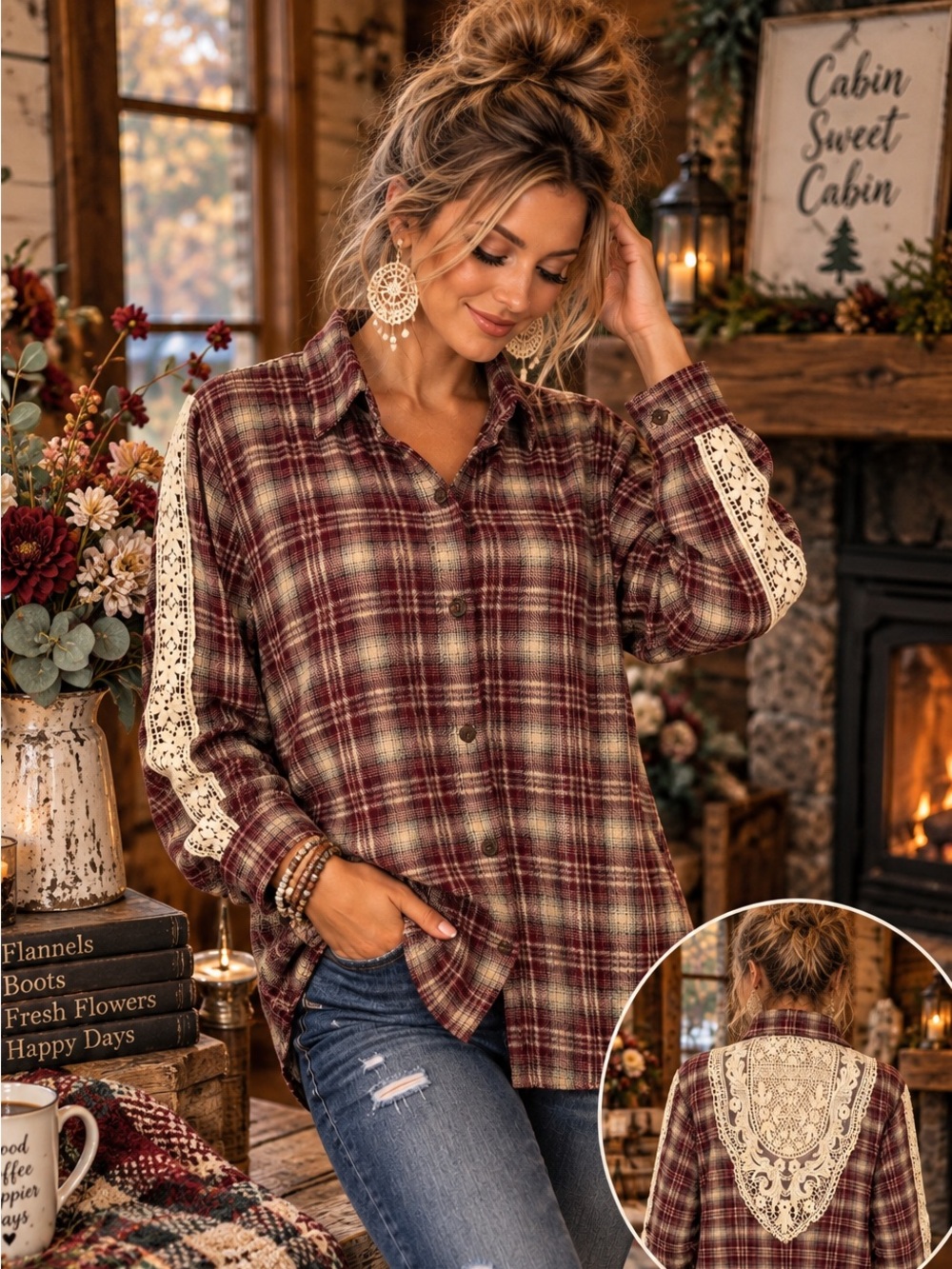 Kate & Sam Plaid Lace Back Button Down Shirt M Boho Cottagecore Fall